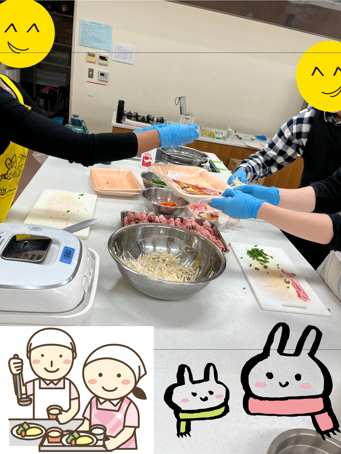 にこにこユニバース様主催こども食堂 始めに野菜の肉巻きの下ごしらえをするボランティアメンバー